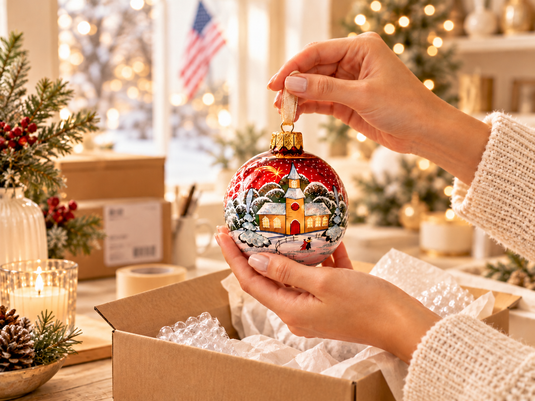 Woman holding a hand-painted Tatova Hata Christmas ornament in a warm holiday setting.